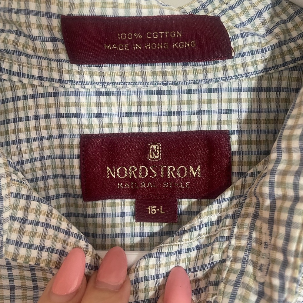 Nordstrom Men’s Button Down White, Blue & Green Shirt Size L 15 Neck - Picture 3 of 4